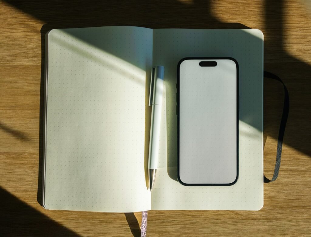 Carnet de commandes vierge et téléphone silencieux posés sur un bureau en bois, un stylo au milieu
